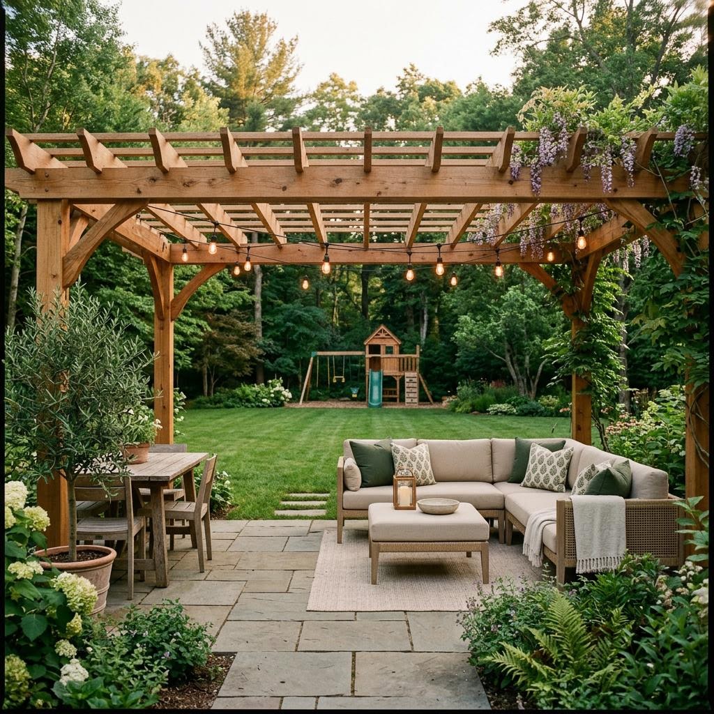 Cedar pergola over a stone patio with a playset beyond
