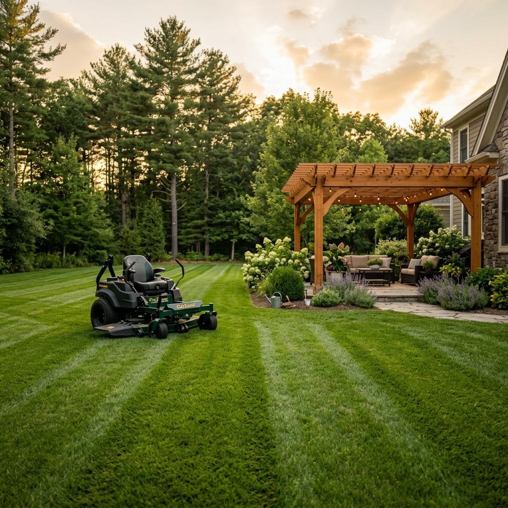 A freshly striped lawn at golden hour with a zero-turn mower and cedar pergola