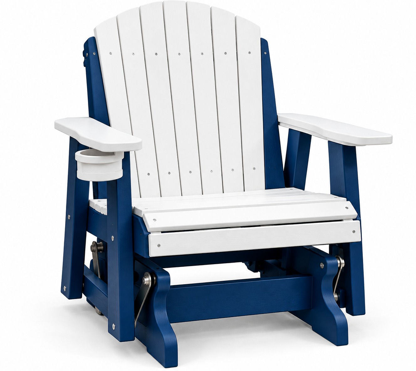Coastal Glide – Outdoor Adirondack Glider Chair with Cup Holder – White & Navy Blue
